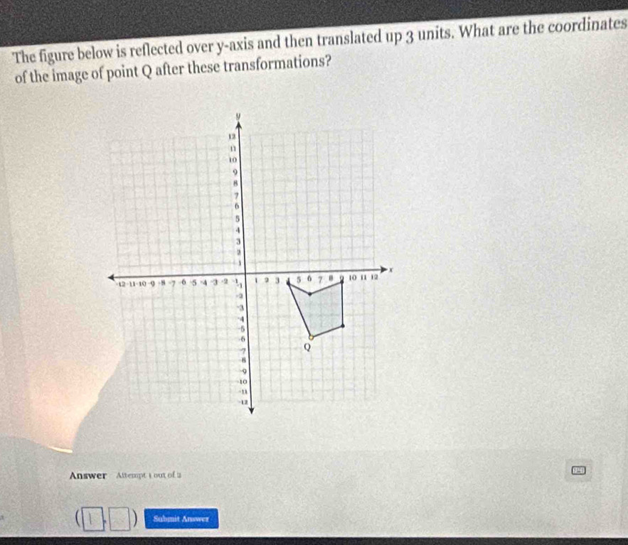 The figure below is reflected over y-axis and then translated up 3 units. What are the coordinates
of the image of point Q after these transformations?
Answer Altempt i out of a
(1,□ ) Sabmit Answer