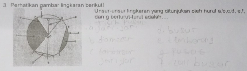 Perhatikan gambar lingkaran berikut! 
Unsur-unsur lingkaran yang ditunjukan oleh huruf a, b, c, d, e, f, 
dan g berturut-turut adalah....