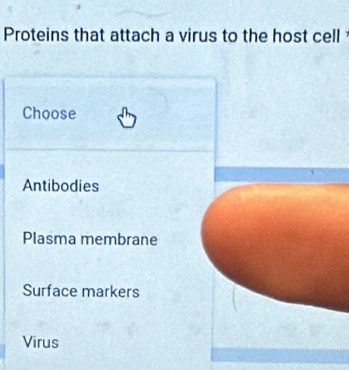 Proteins that attach a virus to the host cell
Choose
Antibodies
Plasma membrane
Surface markers
Virus