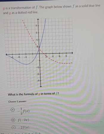 g is a transformation of f. The graph below shows f as a solid blue line
and g as a dotted red line.
What is the formula of g in terms of ∫?
Choose 1 answer:
- 1/2 f(x)
f(-2x)
-2f(x)