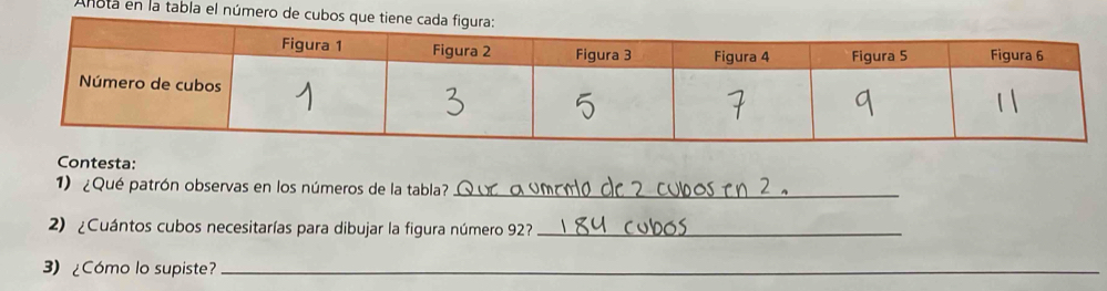 Anota en la tabla el número de cubo 
Contesta: 
1) ¿Qué patrón observas en los números de la tabla?_ 
2) ¿Cuántos cubos necesitarías para dibujar la figura número 92?_ 
3) ¿Cómo lo supiste?_