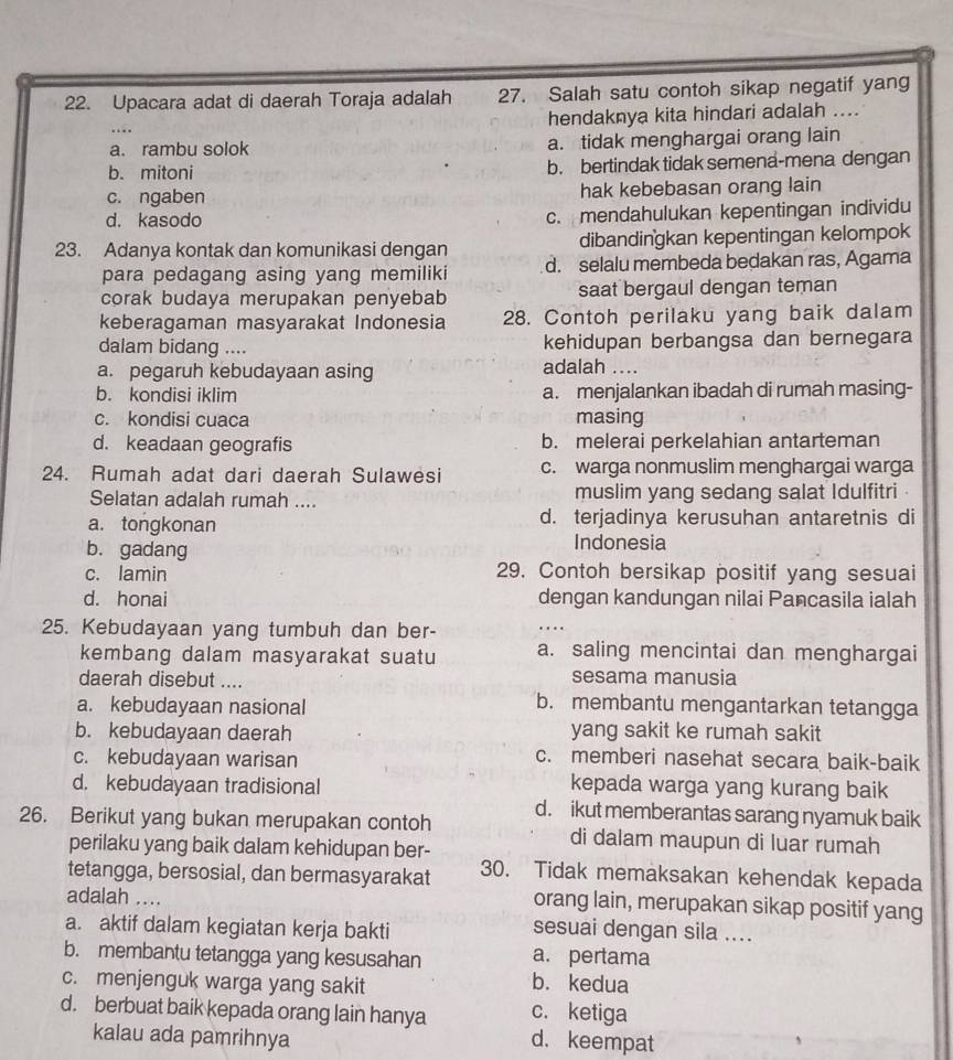 Upacara adat di daerah Toraja adalah 27. Salah satu contoh sikap negatif yang
hendaknya kita hindari adalah ....
a. rambu solok a. tidak menghargai orang lain
b. mitoni b. bertindak tidak semena-mena dengan
c. ngaben hak kebebasan orang lain
d. kasodo c. mendahulukan kepentingan individu
23. Adanya kontak dan komunikasi dengan dibandingkan kepentingan kelompok
para pedagang asing yang memiliki d. selalu membeda bedakan ras, Agama
corak budaya merupakan penyebab saat bergaul dengan teman
keberagaman masyarakat Indonesia 28. Contoh perilaku yang baik dalam
dalam bidang .... kehidupan berbangsa dan bernegara
a. pegaruh kebudayaan asing adalah ....
b. kondisi iklim a. menjalankan ibadah di rumah masing-
c. kondisi cuaca masing
d. keadaan geografis b. melerai perkelahian antarteman
24. Rumah adat dari daerah Sulawesi c. warga nonmuslim menghargai warga
Selatan adalah rumah .... muslim yang sedang salat Idulfitri
a. tongkonan d. terjadinya kerusuhan antaretnis di
b. gadang Indonesia
c. lamin 29. Contoh bersikap positif yang sesuai
d. honai dengan kandungan nilai Pancasila ialah
25. Kebudayaan yang tumbuh dan ber-
kembang dalam masyarakat suatu a. saling mencintai dan menghargai
daerah disebut .... sesama manusia
a. kebudayaan nasional
b. membantu mengantarkan tetangga
b. kebudayaan daerah yang sakit ke rumah sakit
c. kebudayaan warisan
c. memberi nasehat secara baik-baik
d. kebudayaan tradisional
kepada warga yang kurang baik
26. Berikut yang bukan merupakan contoh d. ikut memberantas sarang nyamuk baik
perilaku yang baik dalam kehidupan ber-
di dalam maupun di luar rumah
tetangga, bersosial, dan bermasyarakat 30. Tidak memaksakan kehendak kepada
adalah ....
orang lain, merupakan sikap positif yang
a. aktif dalam kegiatan kerja bakti
sesuai dengan sila ....
b. membantu tetangga yang kesusahan a. pertama
c. menjenguk warga yang sakit
b. kedua
d. berbuat baik kepada orang lain hanya c. ketiga
kalau ada pamrihnya d. keempat