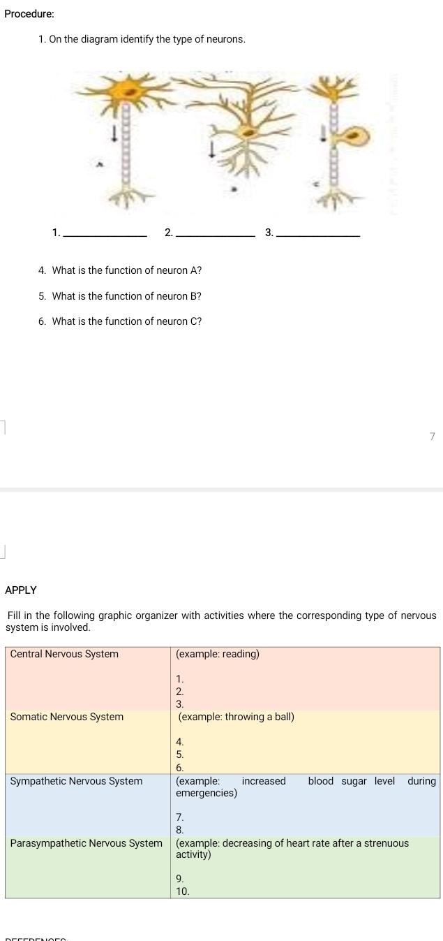 Procedure: 
1. On the diagram identify the type of neurons. 
4. What is the function of neuron A? 
5. What is the function of neuron B? 
6. What is the function of neuron C? 
APPLY 
Fill in the following graphic organizer with activities where the corresponding type of nervous 
system is involved. 
Central Nervous System (example: reading) 
1. 
2. 
3. 
Somatic Nervous System (example: throwing a ball) 
A. 
5. 
6. 
Sympathetic Nervous System (example: increased blood sugar level durin 
emergencies) 
7. 
8. 
Parasympathetic Nervous System (example: decreasing of heart rate after a strenuous 
activity) 
9. 
10.