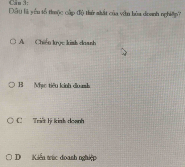 Đầu là yếu tổ thuộc cấp độ thứ nhất của văn hóa đoanh nghiệp?
A Chiến hược kinh đoanh
B Mục tiêu kinh doanh
C Triết lý kinh doanh
D Kiến trúc doanh nghiệp