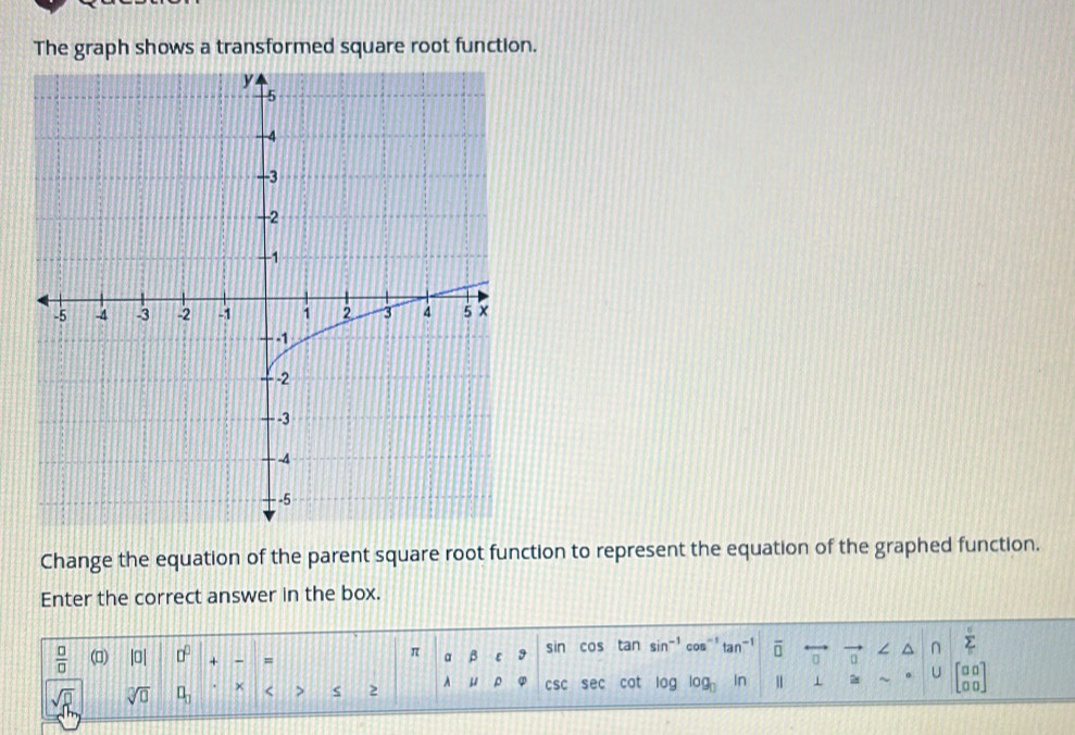 Solved: The graph shows a transformed square root function. Change the ...