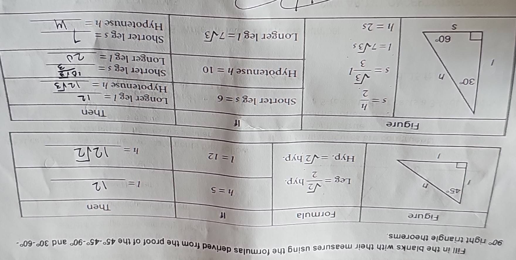 Fill in the blanks with their measures using the formulas derived from the proof of the 45°-45°-90° and 30°-60°-
90° right triangle theorems.