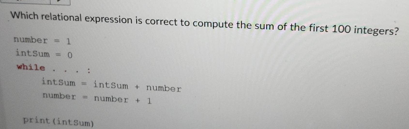 Solved: Which relational expression is correct to compute the sum of ...