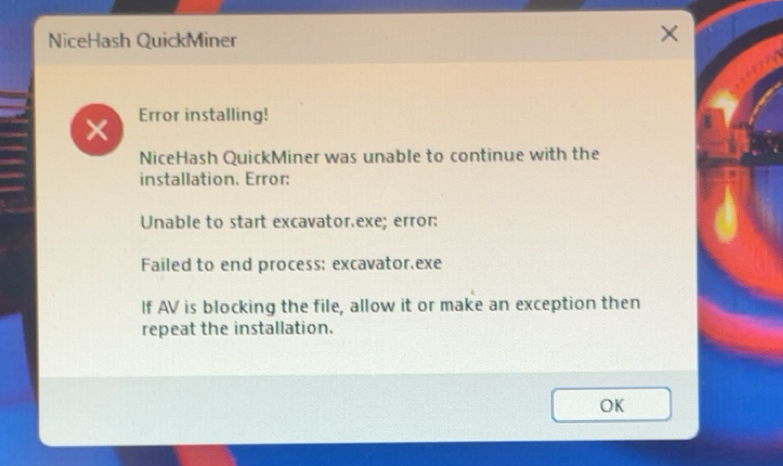 Solved: NiceHash QuickMiner × Error installing! NiceHash QuickMiner was ...