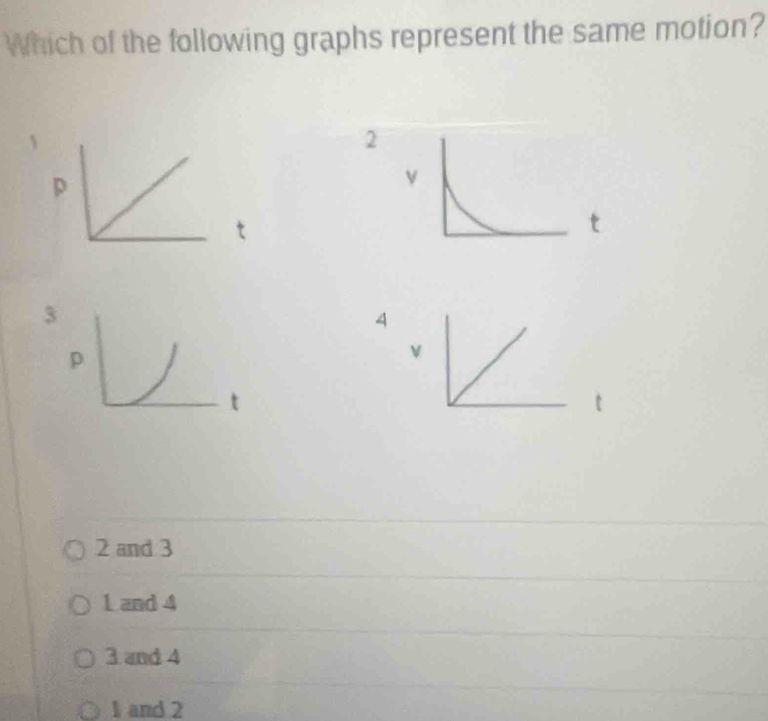 Which of the following graphs represent the same motion?
2
3
4
2 and 3
1 and 4
3 and 4
1 and 2