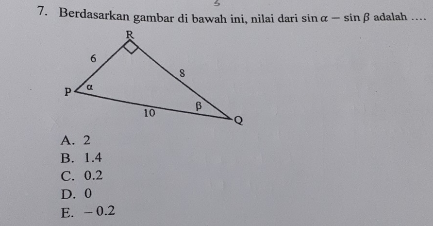 Berdasarkan gambar di bawah ini, nilai dari sin alpha -sin beta adalah …_
A. 2
B. 1.4
C. 0.2
D. 0
E. - 0.2