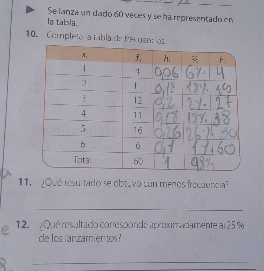 Se lanza un dado 60 veces y se ha representado en
la tabla.
10. Completa la tabla de frecue
11. ¿Qué resultado se obtuvo con menos frecuencia?
_
12. ¿Qué resultado corresponde aproximadamente al 25 %
de los lanzamientos?
_
_