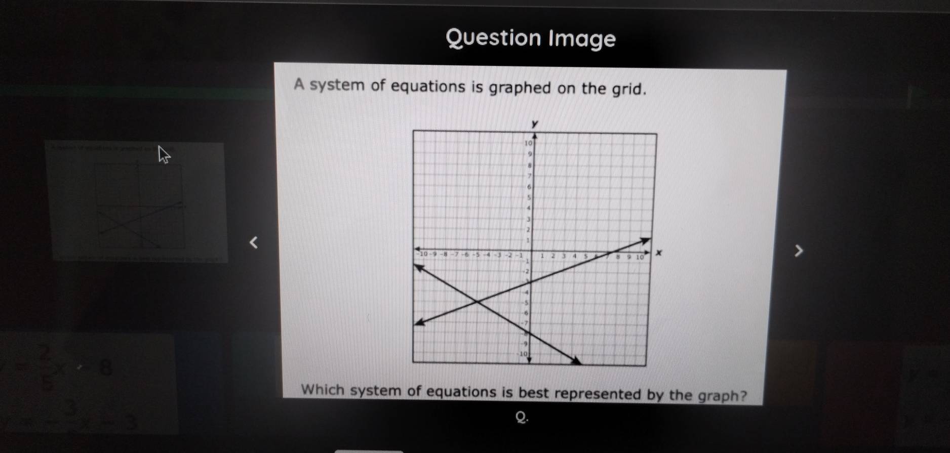 Question Image 
A system of equations is graphed on the grid.
= 2/5 x>8
Which system of equations is best represented by the graph?
y=- 3/x -3