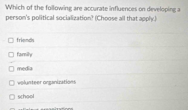 Which of the following are accurate influences on developing a
person's political socialization? (Choose all that apply.)
friends
family
media
volunteer organizations
school