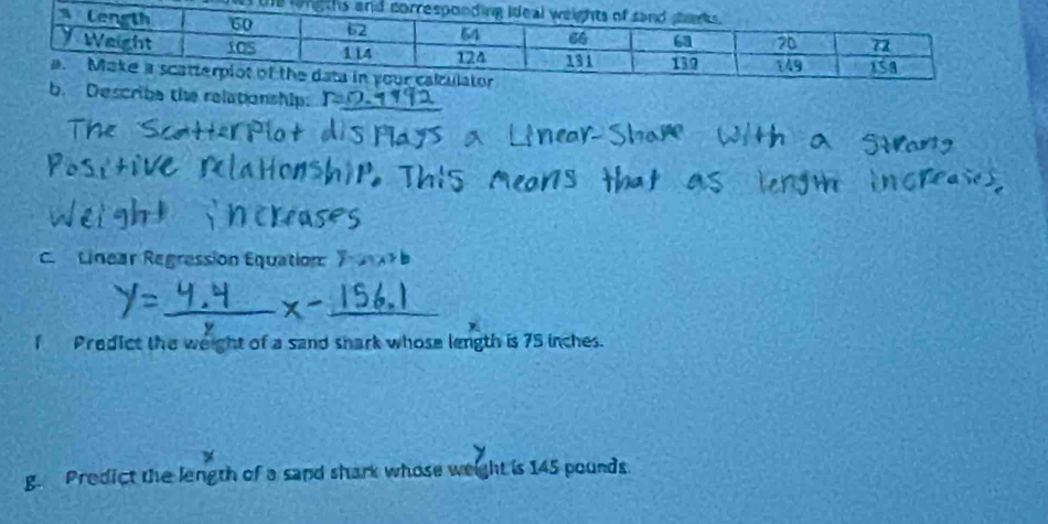 hs 
ibe the relaponship: 
C Linear Regression Equation: 
f Predict the weight of a sand shark whose length is 75 inches. 
g. Predict the length of a sand shark whose weight is 145 pounds.