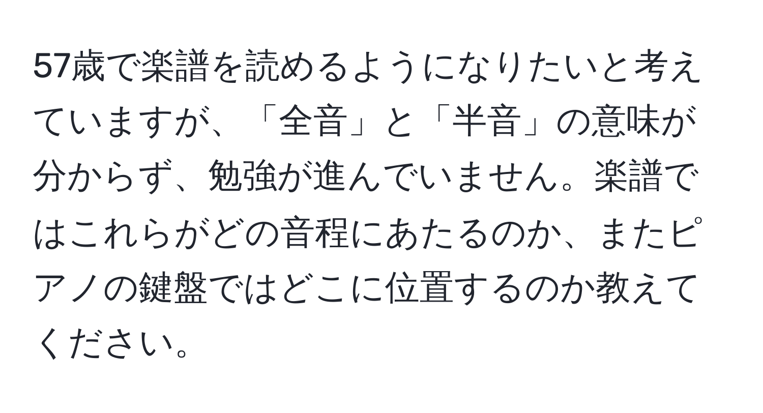 57歳で楽譜を読めるようになりたいと考えていますが、「全音」と「半音」の意味が分からず、勉強が進んでいません。楽譜ではこれらがどの音程にあたるのか、またピアノの鍵盤ではどこに位置するのか教えてください。