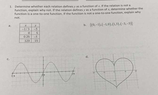 Determine whether each relation defines y as a function of x. If the relation is not a
function, explain why not. If the relation defines y as a function of x, determine whether the
function is a one-to-one function. If the function is not a one-to-one function, explain why
not.
a. b.  (0,-1),(-1,0),(1,3),(-3,-3)
d