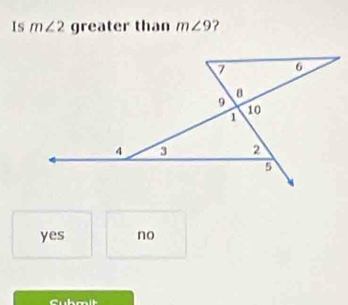 Is m∠ 2 greater than m∠ 9 ?
yes no
Chmit