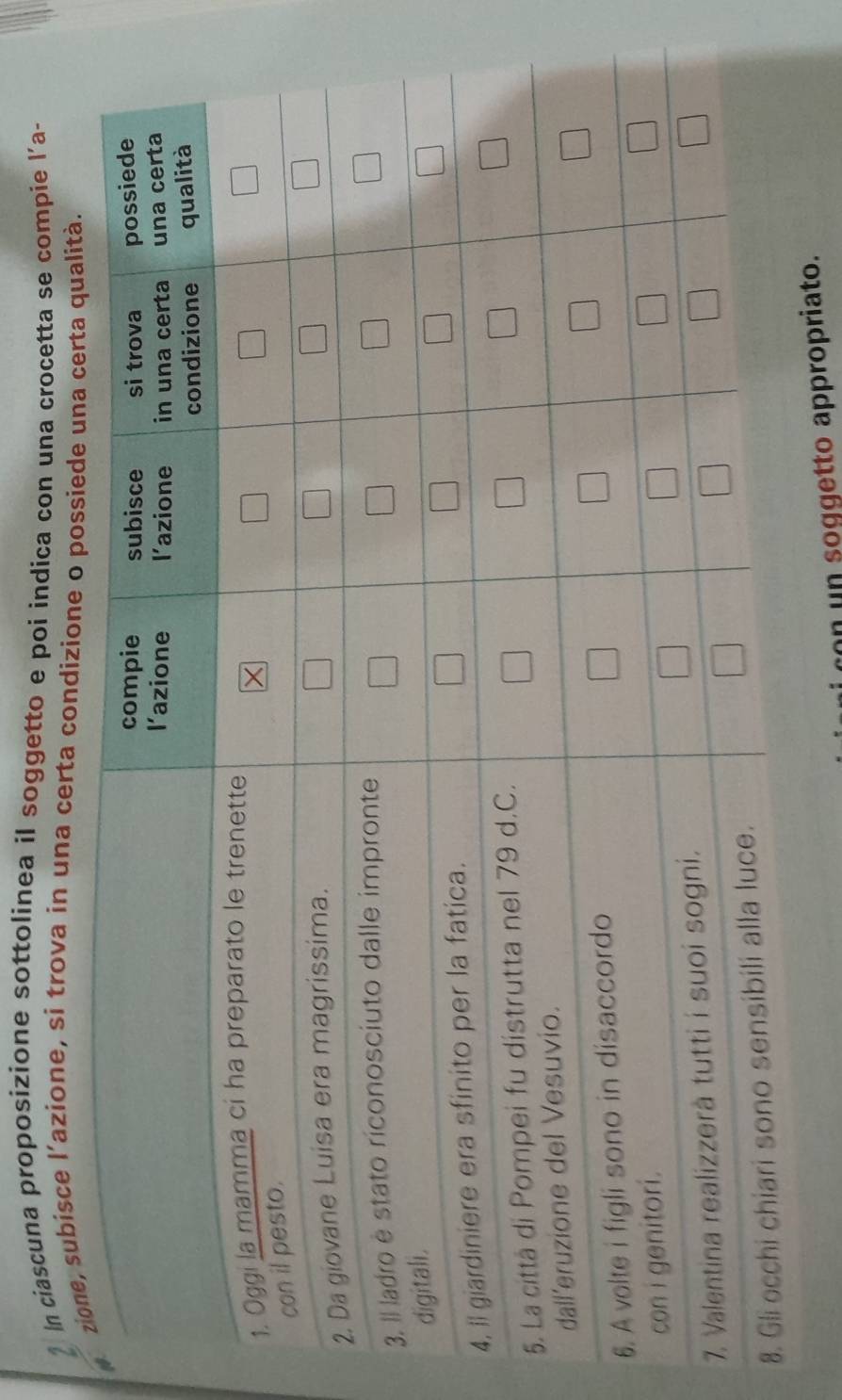 In ciascuna proposizione sottolinea il soggetto e poi indica con una crocetta se compie l'a- 
ubisce l’azione, si trova in una certa con 
8 
con un soggetto appropriato.