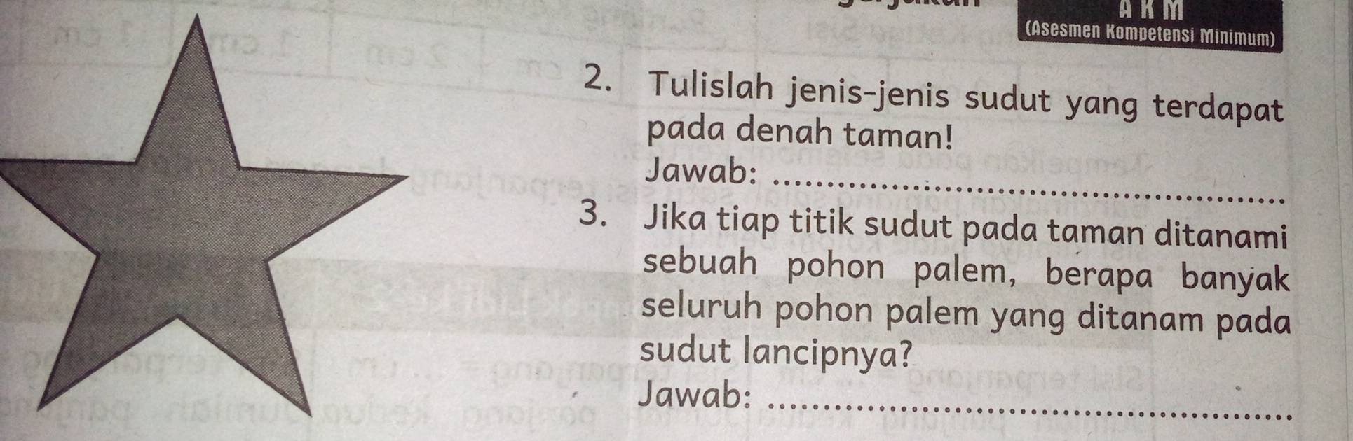 AKM 
(Asesmen Kompetensi Minimum) 
2. Tulislah jenis-jenis sudut yang terdapat 
pada denah taman! 
Jawab:_ 
3. Jika tiap titik sudut pada taman ditanami 
sebuah pohon palem, berapa banyak 
seluruh pohon palem yang ditanam pada 
sudut lancipnya? 
Jawab:_