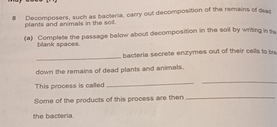 Decomposers, such as bacteria, carry out decomposition of the remains of dead 
plants and animals in the soil. 
(a) Complete the passage below about decomposition in the soil by writing in the 
blank spaces. 
_ 
bacteria secrete enzymes out of their cells to bre 
down the remains of dead plants and animals. 
This process is called 
_ 
_ 
Some of the products of this process are then 
_ 
the bacteria.