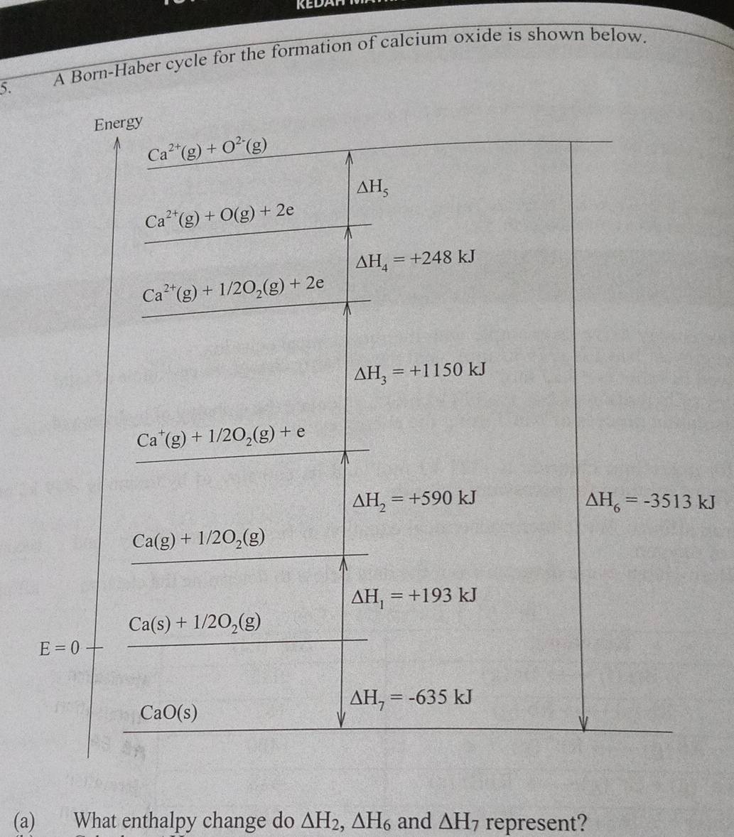 KEDAP
5. A Born-Haber cycle for the formation of calcium oxide is shown below.
(a) What enthalpy change do △ H_2,△ H_6 and △ H_7 represent?