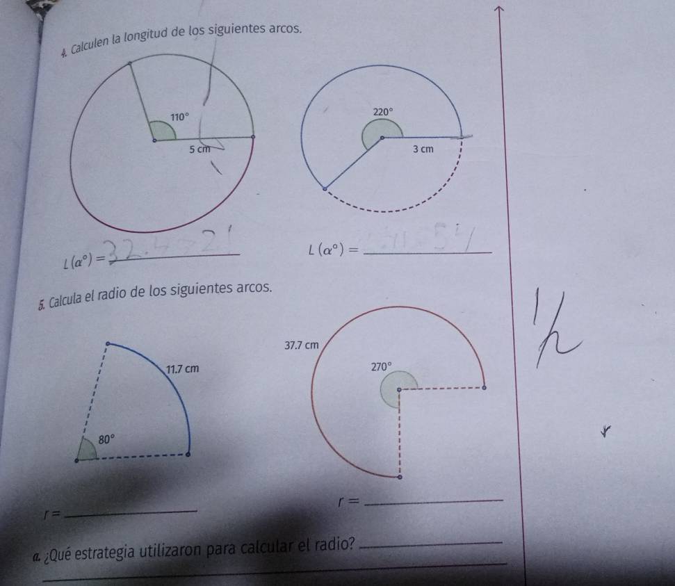 lculen la longitud de los siguientes arcos,
L(alpha°)=
_
_ L(alpha°)=
& Calcula el radio de los siguientes arcos.
r=
_
r=
_
_
« ¿Qué estrategia utilizaron para calcular el radio?_