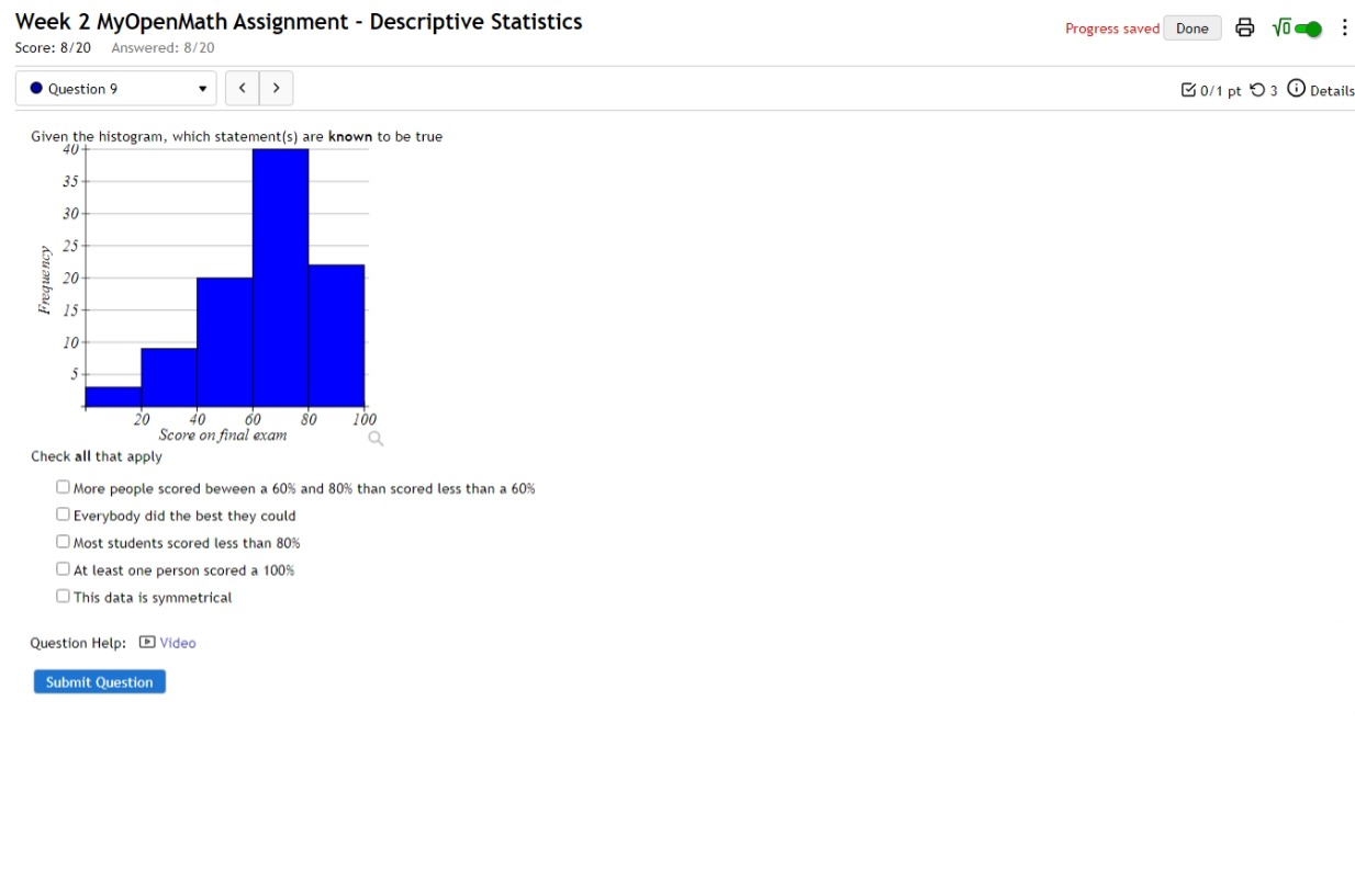 Week 2 MyOpenMath Assignment - Descriptive Statistics Progress saved Done sqrt(0) :
Score: 8/20 Answered: 8/20
Question 9
More people scored beween a 60% and 80% than scored less than a 60%
Everybody did the best they could
Most students scored less than 80%
At least one person scored a 100%
This data is symmetrical
Question Help: Video
Submit Question