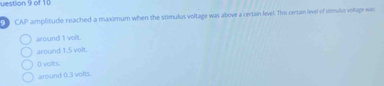 uestion 9 of 10
90 CAP amplitude reached a maximum when the stimulus voltage was above a certain level. This certain level of stimulus voltage was:
around 1 volt.
around 1.5 volt.
() volts.
around 0.3 volts.