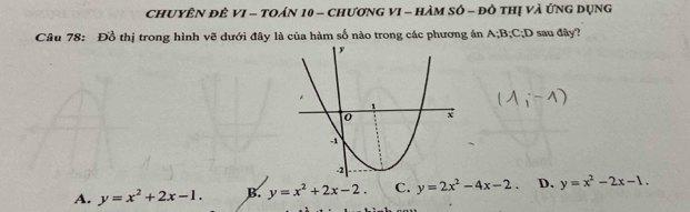 ChuyÊn đê VI - tOán 10 - chương vI - hàm số - đô thị và ứng dụng
Câu 78: Đồ thị trong hình vẽ dưới đây là của hàm số nào trong các phương án A; B; C;D sau đây?
A. y=x^2+2x-1. B. y=x^2+2x-2. C. y=2x^2-4x-2. D. y=x^2-2x-1.