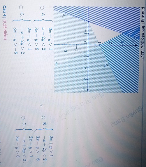 phương trình nào dưới đây?

A. beginarrayl 2x+y>1 x-2y<2. 3x-y>6endarray. beginarrayl 2x+y>1 -x+2y<2. 3x-y>-6endarray.
B.
C. beginarrayl 2x+y<1 -x+2y>2. 3x-y>-6endarray. beginarrayl 2x+y>1 -x+2y<2 3x-y>6endarray.
D.
Câu 4 | (0.25 điểm)