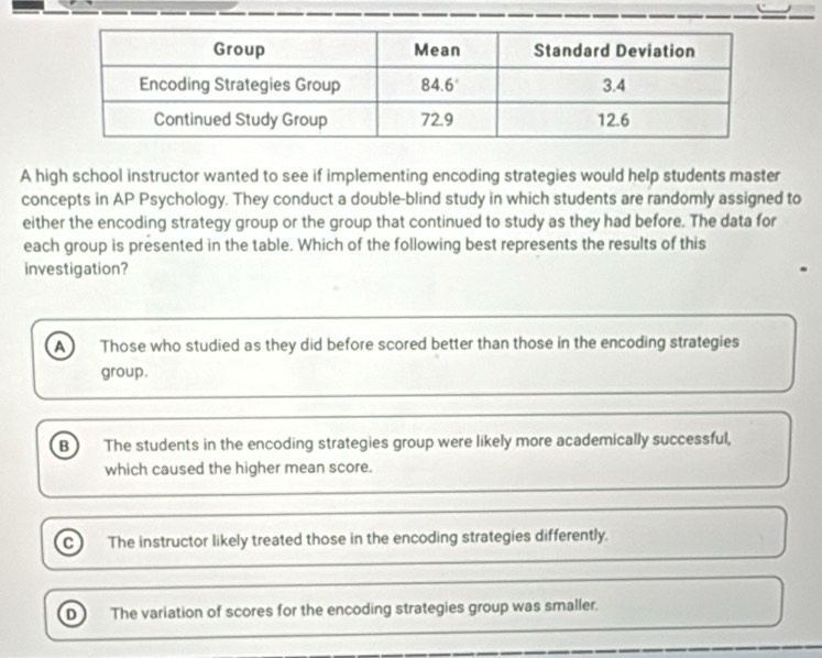 A high school instructor wanted to see if implementing encoding strategies would help students master
concepts in AP Psychology. They conduct a double-blind study in which students are randomly assigned to
either the encoding strategy group or the group that continued to study as they had before. The data for
each group is presented in the table. Which of the following best represents the results of this
investigation?
A Those who studied as they did before scored better than those in the encoding strategies
group.
B) The students in the encoding strategies group were likely more academically successful,
which caused the higher mean score.
The instructor likely treated those in the encoding strategies differently.
The variation of scores for the encoding strategies group was smaller.