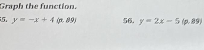 Graph the function.
5. y=-x+4(p,89) 56. y=2x-5(p,89)
