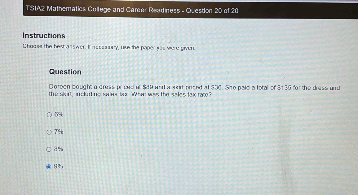 Solved: TSIA2 Mathematics College and Career Readiness - Question 20 of ...