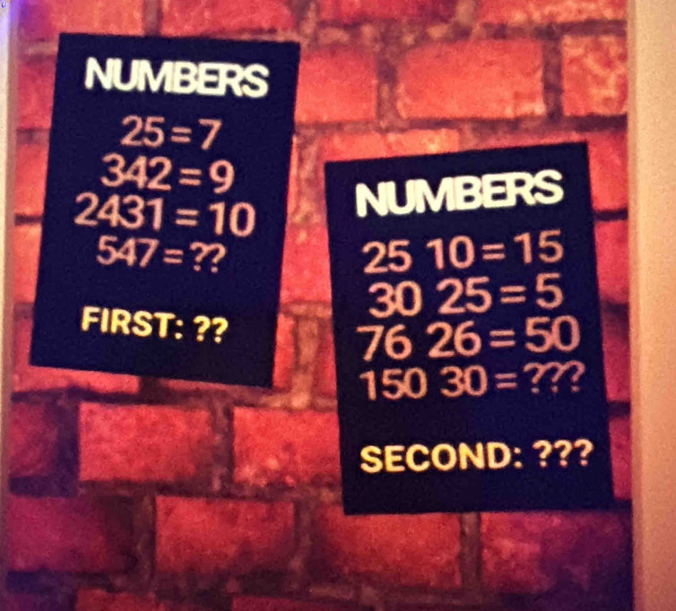 NUMBERS
25=7
342=9
2431=10 NUMBERS
547= ?? 25 10=15
30 25=5
FIRST: ?? 76 26=50
15 030= ? 
SECOND: ???