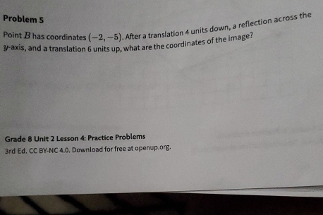 Problem 5 
Point B has coordinates (-2,-5). After a translation 4 units down, a reflection across the 
y-axis, and a translation 6 units up, what are the coordinates of the image? 
Grade 8 Unit 2 Lesson 4: Practice Problems 
3rd Ed. CC BY-NC 4.0. Download for free at openup.org,