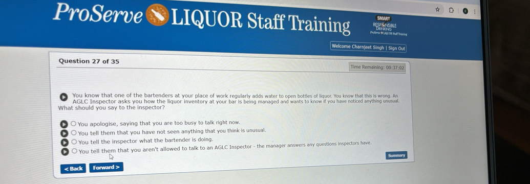Solved: SMART ProServe LIQUOR Staff Training Peterr d LQ0S Stafi Tn BL ...