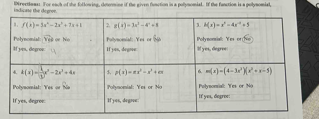 Directions: For each of the following, determine if the given function is a polynomial. If the function is a polynomial,
indi