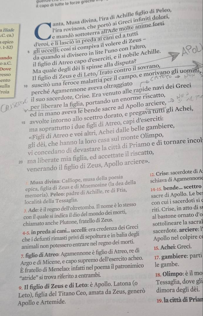 guenze c
l capo di tutte le forze gréch e 
anta, Musa divina, l’ira di Achille figlio di Peleo,
l’ira rovinosa, che portò ai Greci infiniti dolori,
.C. ca.) C e mandò sottoterra all'Ade molte anime forti
a Éliade
a epico
d’eroi, e li lasciò in preda ai cani ed a tutti
s gli uccelli; cosí si compiva il volere di Zeus -
. 1-52)
ando da quando si divisero in lite l’uno con l’altro,
o a.C. il figlio di Atreo capo d’eserciti, e il nobile Achille.
Dove
Ma quale degli dèi li spinse alla disputa?
ento Il figlio di Zeus e di Leto, Irato contro il sovrano,
resso
sulla   suscitò una feroce malattia per il campo, e morivano gli uomini
roia perché Agamennone aveva oltraggiato
il suo sacerdote, Crise. Era venuto alle rapide navi dei Greci
per liberare la figlia, portando un enorme riscatto,
ed in mano aveva le bende sacre ad Apollo arciere,
15 avvolte intorno allo scettro dorato, e pregava tutti gli Achei,
ma soprattutto i due figli di Atreo, capi d’eserciti:
«Figli di Atreo e voi altri, Achei dalle belle gambiere,
gli dèi, che hanno la loro casa sul monte Olimpo,
vi concedano di devastare la città di Priamo e di tornare incol
20 ma liberate mia figlia, ed accettate il riscatto,
venerando il figlio di Zeus, Apollo arciere».
Musa divina: Calliope, musa della poesia 12. Crise: sacerdote di A
epica, figlia di Zeus e di Mnemosine (la dea della schiava di Agamennone
memoria). Peleo: padre di Achille, re di Ftia, 14-15. bende... scettro
località della Tessaglia. sacre di Apollo. Le bei
3. Ade: è il regno dell’oltretomba. Il nome è lo stesso con cui i sacerdoti si c
con il quale sí indica il dio del mondo deí morti, riti. Crise, in atto di s
chiamato anche Plutone, fratello di Zeus. al bastone ornato d’o
4-5. in preda ai cani... uccelli: era credenza dei Greci sottolineare la sacral
che i defunti rimasti privi di sepoltura e in balia degli sacerdote. arciere: l
animali non potessero entrare nel regno dei morti. Apollo nel colpire c
7. figlio di Atreo: Agamennone è figlio di Atreo, re di 15. Achei: Greci.
Argo e di Micene, e capo supremo dell’esercito acheo. 17. gambiere: parti
È fratello di Menelao: infatti nel poema il patronimico le gambe.
“atride” si trova riferito a entrambi. 18. Olimpo: è il mo
9. Il figlio di Zeus e di Leto: è Apollo. Latona (o Tessaglia, dove gli
Leto), figlia del Titano Ceo, amata da Zeus, generò dimora degli dèi.
Apollo e Artemide. 19. la città di Prian