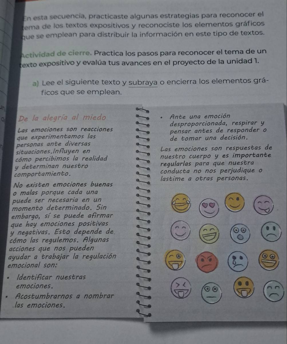 En esta secuencía, practicaste algunas estrategías para reconocer el
tema de los textos expositivos y reconociste los elementos gráficos
que se emplean para distribuir la información en este tipo de textos.
Actividad de cierre. Practica los pasos para reconocer el tema de un
texto expositivo y evalúa tus avances en el proyecto de la unidad 1.
a) Lee el siguiente texto y subraya o encierra los elementos grá-
ficos que se emplean.
I
De la alegría al miedo Ante una emoción
Las emociones son reacciones desproporcionada, respirar y
que experimentamos las pensar antes de responder o
de tomar una decisión.
personas ante diversas
situaciones.Influyen en Las emociones son respuestas de
cómo percibimos la realidad nuestro cuerpo y es importante
y determinan nuestro regularlas para que nuestra
comportamiento. conducta no nos perjudique o
lastime a otras personas.
No existen emociones buenas
o malas porque cada una
puede ser necesaria en un
momento determinado. Sin
embargo, sí se puede afirmar
que hay emociones positivas
y negativas. Esto depende de.
cómo las regulemos. Algunas
acciones que nos pueden
ayudar a trabajar la regulación
emocional son:
Identificar nuestras
emociones.
Acostumbrarnos a nombrar
as emociones.