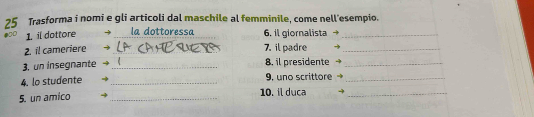 Trasforma i nomi e gli articoli dal maschile al femminile, come nell'esempio. 
●00 1. il dottore _la dottoressa 6. il giornalista_ 
2. il cameriere _7. il padre_ 
3. un insegnante _8. il presidente_ 
4. lo studente _9. uno scrittore_ 
5. un amico_ 
10. il duca_