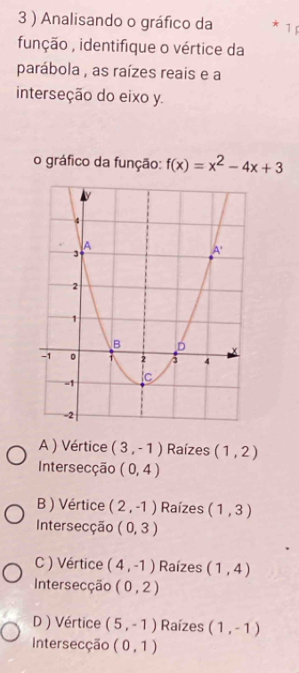 3 ) Analisando o gráfico da * 1
fuinção , identifique o vértice da
parábola , as raízes reais e a
interseção do eixo y.
o gráfico da função: f(x)=x^2-4x+3
A ) Vértice (3,-1) Raízes (1,2)
Intersecção (0,4)
B ) Vértice (2,-1) Raízes (1,3)
Intersecção (0,3)
C) Vértice (4,-1) Raízes (1,4)
Intersecção (0,2)
D)Vértice (5,-1) Raízes (1,-1)
Intersecção (0,1)