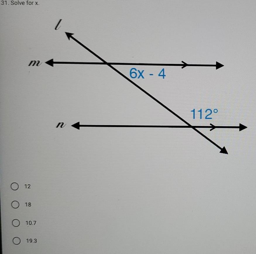 Solve for x.
12
18
10.7
19.3