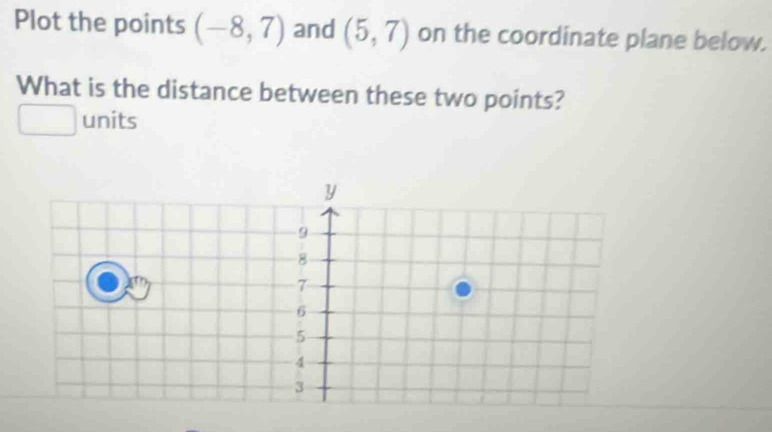 Plot the points (-8,7) and (5,7) on the coordinate plane below. 
What is the distance between these two points? 
units