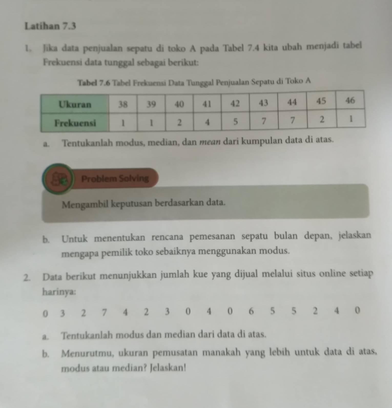 Latihan 7.3 
1. Jika data penjualan sepatu di toko A pada Tabel 7.4 kita ubah menjadi tabel 
Frekuensi data tunggal sebagai berikut: 
Tabel 7.6 Tabel Frekuensi Data Tunggal Penjualan Sepatu di Toko A 
a. Tentukanlah modus, median, dan мεаи dari kumpulan data di atas. 
Problem Solving 
Mengambil keputusan berdasarkan data. 
b. Untuk menentukan rencana pemesanan sepatu bulan depan, jelaskan 
mengapa pemilik toko sebaiknya menggunakan modus. 
2. Data berikut menunjukkan jumlah kue yang dijual melalui situs online setiap 
harinya:
0 3 2 7 4 2 3 0 4 0 6 5 5 2 4 0
a. Tentukanlah modus dan median dari data di atas. 
b. Menurutmu, ukuran pemusatan manakah yang lebih untuk data di atas, 
modus atau median? Jelaskan!