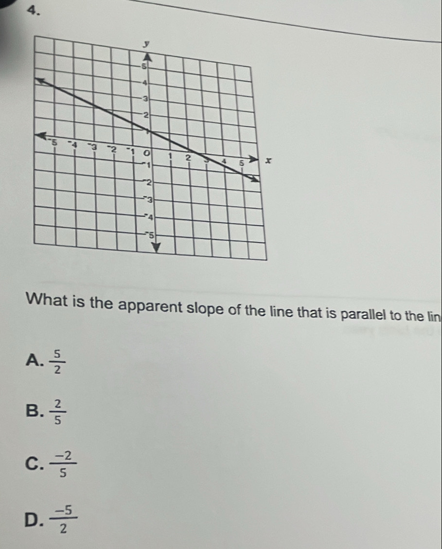 What is the apparent slope of the line that is parallel to the lin
A.  5/2 
B.  2/5 
C.  (-2)/5 
D.  (-5)/2 