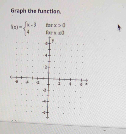 Graph the function.
f(x)=beginarrayl x-3forx>0 4forx≤ 0endarray.