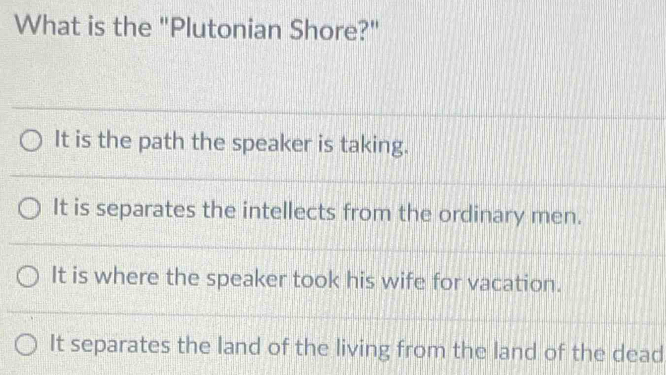 What is the "Plutonian Shore?"
It is the path the speaker is taking.
It is separates the intellects from the ordinary men.
It is where the speaker took his wife for vacation.
It separates the land of the living from the land of the dead