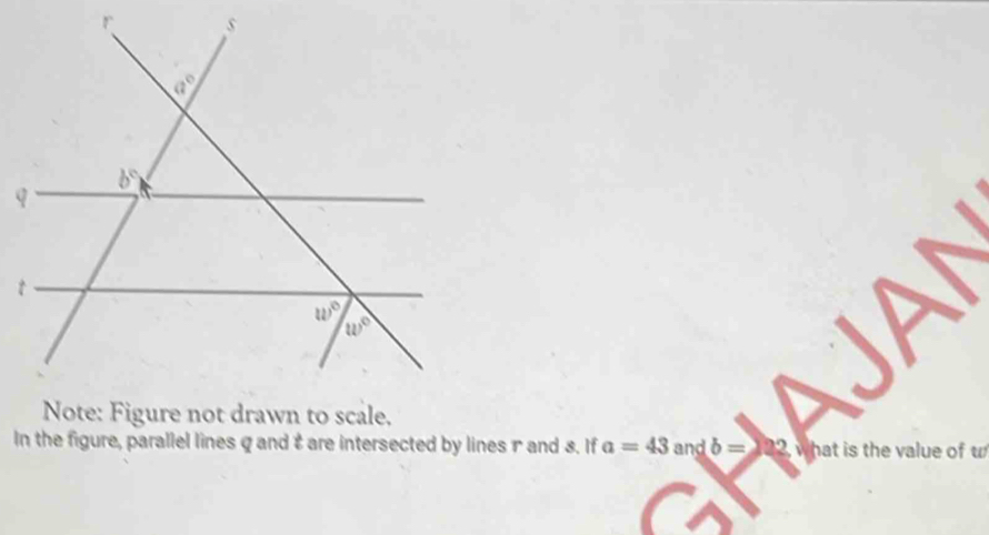 In the figure, parallel lines q and tare intersected by lines 1 and 8. If a=43 andb= what is the value of w