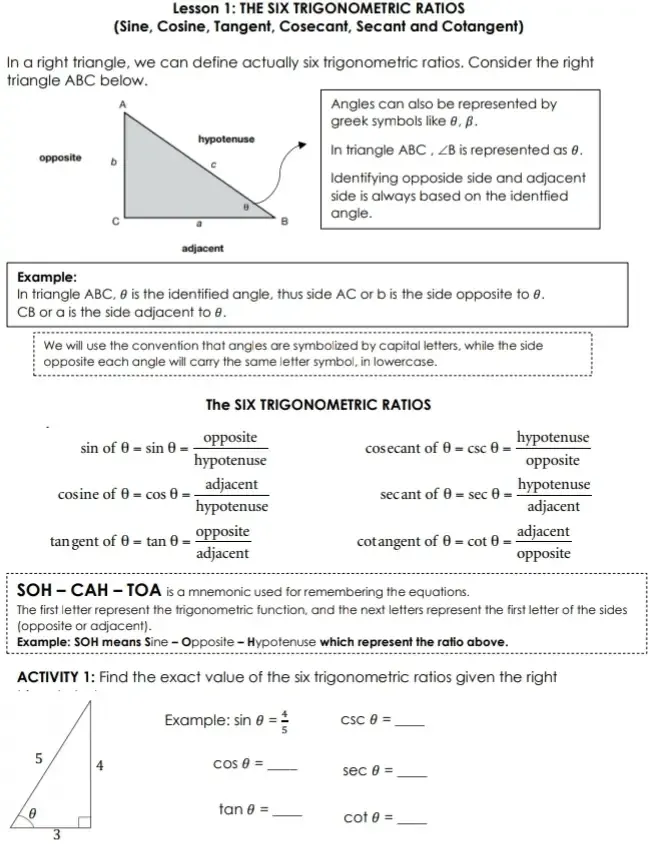 Solved: Lesson 1: THE SIX TRIGONOMETRIC RATIOS (Sine, Cosine, Tangent ...