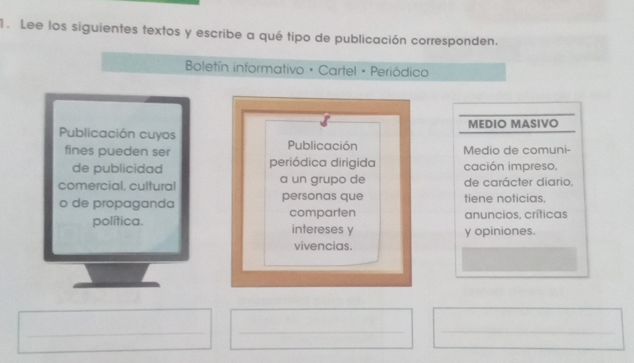 Lee los siguientes textos y escribe a qué tipo de publicación corresponden. 
Bletín informativo • Cartel • Periódico 
Publicación cuyos MEDIO MASIVO 
Publicación 
fines pueden ser Medio de comuni- 
periódica dirigida 
de publicidad cación impreso, 
comercial, cultural a un grupo de de carácter diario, 
o de propaganda personas que tiene noticias, 
comparten anuncios, críticas 
política. intereses y 
y opiniones. 
vivencias. 
_ 
_ 
_